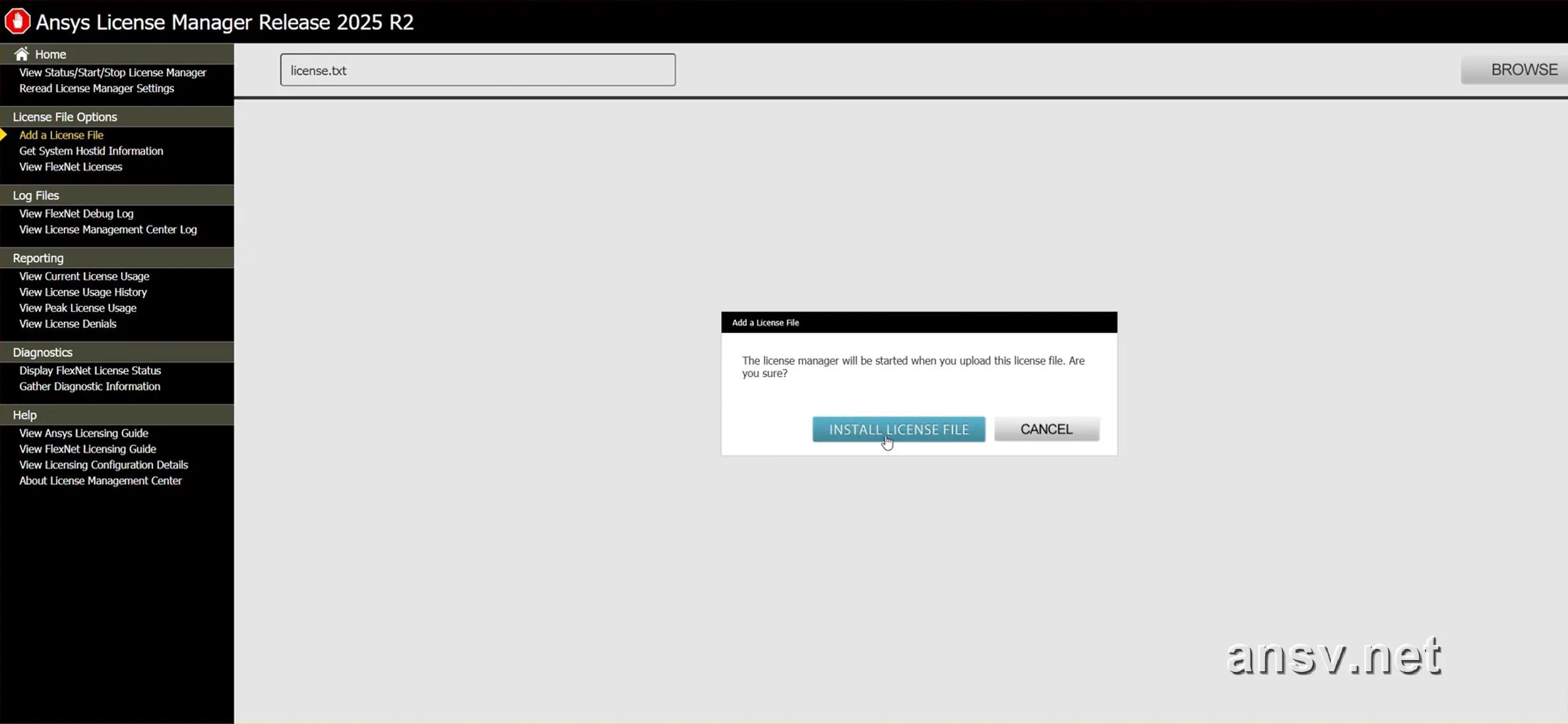 选择 license.txt 并点击 INSTALL LICENSE FILE