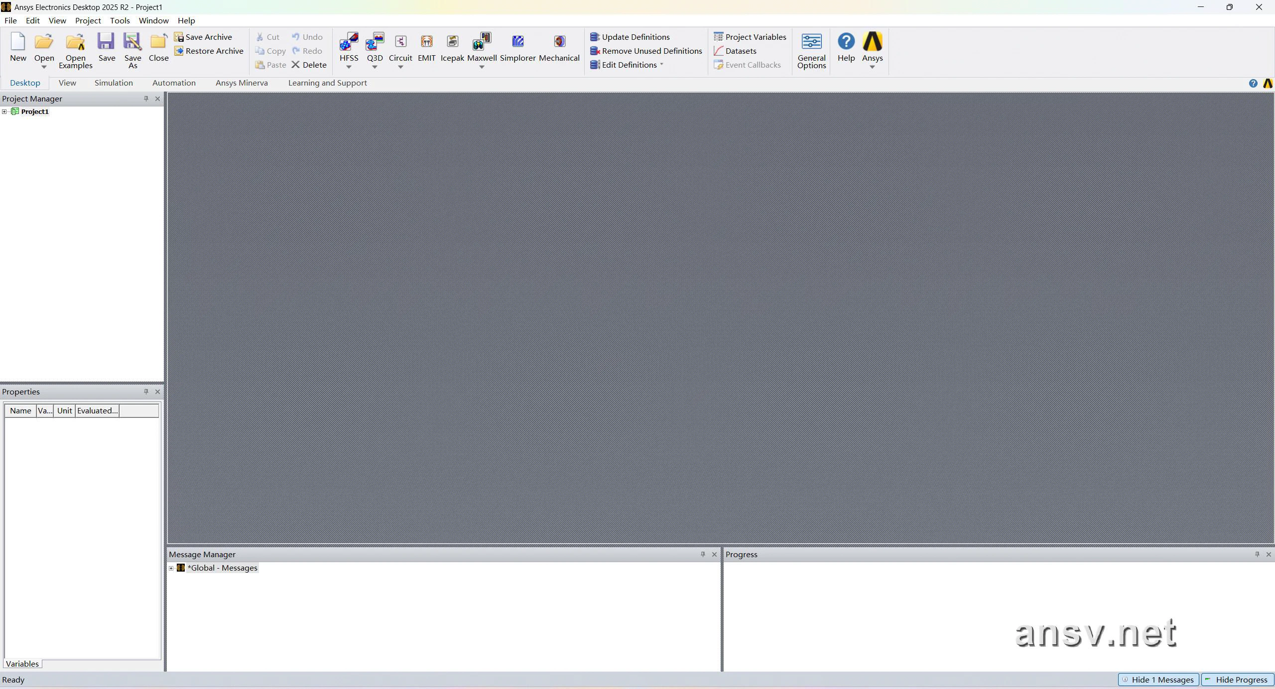 ANSYS Electronics Desktop (Maxwell 3D) 启动成功工程界面