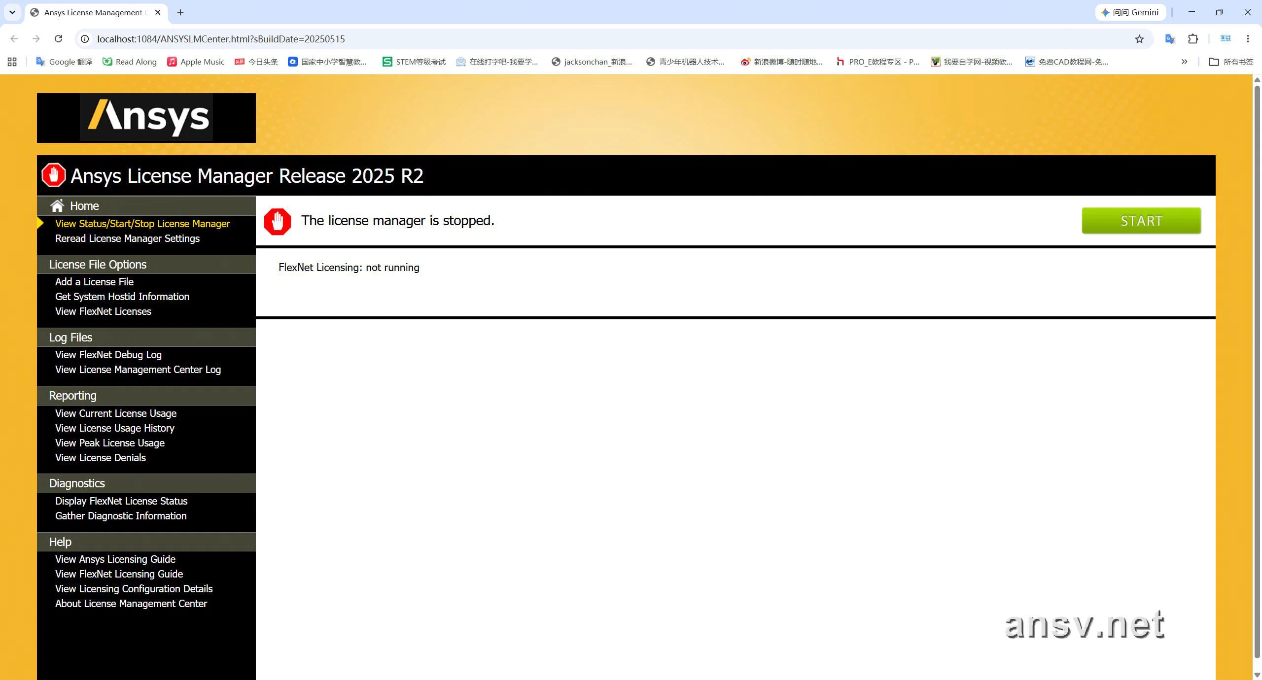 自动弹出 Ansys License Management Center 网页界面
